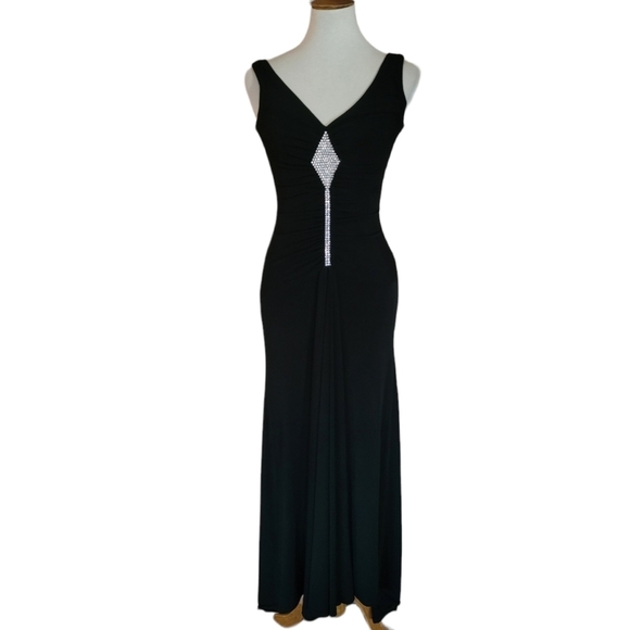 Scott McClintock 90's Black Rhinestone Ruched Wiggle Maxi Dress - Picture 3 of 8